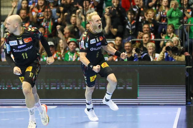 07.05.2026, xgox, Handball - EHF Champions League - 1 4 Finale SC Magdeburg - Pick Szeged v.l. Matthias Musche (Magdeburg, 6) Jubel, Torjubel, jubelt ueber das Tor, celebrate the goal, celebration Magdeburg