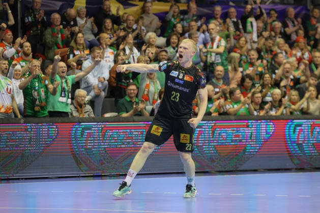 07.05.2026, xtgx, Handball, EHF Champions League 1 4 Finale, SC Magdeburg - Pick Szeged v.l. Magnus Saugstrup (Magdeburg, 23) Jubel, Torjubel, jubelt ueber das Tor, celebrate the goal, celebration Magdeburg
