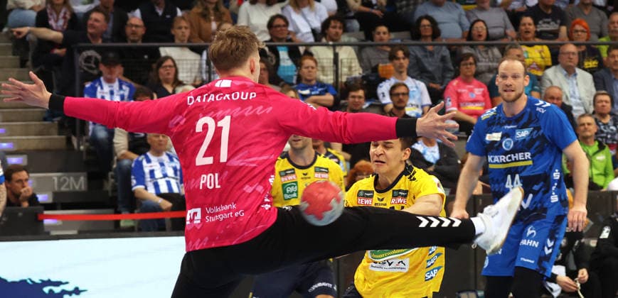 07.05.2026, Deutschland, Stuttgart, DAIKIN HBL Handball Bundesliga Saison 2025 2026, TVB Stuttgart vs. Rhein-Neckar Löwen, v.l. Jorick Pol (TVB), Gino Steenaerts (RNL)