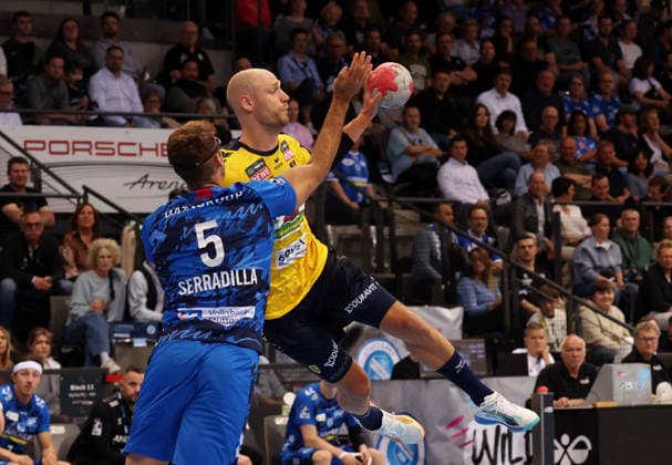07.05.2026, Deutschland, Stuttgart, DAIKIN HBL Handball Bundesliga Saison 2025 2026, TVB Stuttgart vs. Rhein-Neckar Löwen, v.l. Antonio Serradilla (TVB), Lukas Sandell (RNL)