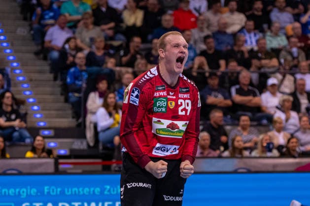 DAIKIN Handball Bundesliga: TVB Stuttgart vs. Rhein-Neckar Löwen; 07.05.2026 Stuttgart, GERMANY - 07. Mai 2026: David Späth (Rhein-Neckar Löwen, 29) freut sich über einen gehalten Ball während dem Match zwischen dem TVB Stuttgart und den Rhein-Neckar Löwen am 31. Spieltag der Daikin Handball Bundesliga in der Porsche-Arena. Copyright: xBEAUTIFULxSPORTS Steinx