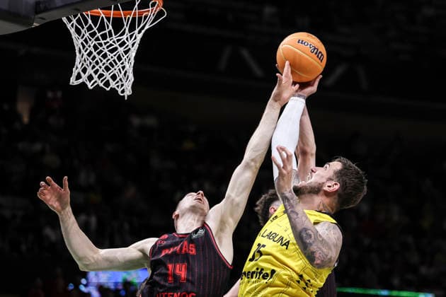 May 7, 2026, Badalona, Barcelona, Spain: Fran Guerra of La Laguna Tenerife and Martynas Echodas of Rytas Vilnius fight for the ball during the Final Four Basketball Champions League Semi Finals basketball match played between Rytas Vilnius and La Laguna Tenerife at Palau Olimpic Badalona on May 07, 2026 in Badalona, Barcelona, Spain. Badalona Spain - ZUMAa181 20260507_zaa_a181_032 Copyright: xJavierxBorregox
