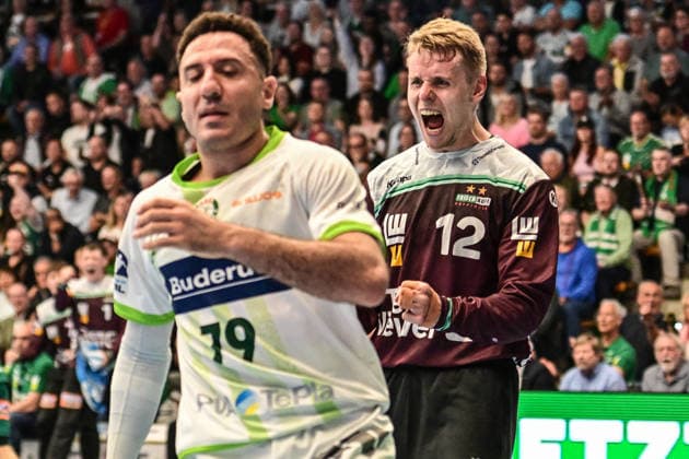 DAIKIN HBL Bundesliga: Frisch Auf! Göppingen - HSG Wetzlar; Göppingen, 07.05.2026 Kristian Saeveras (Frisch Auf Göppingen, 12) jubelt nach der erfolgreichen Parade gegen Ahmed Nafea (HSG Wetzlar, 79) ; Göppingen, 07.05.2026 - 31. Spieltag der DAIKIN Handball-Bundesliga, Frisch Auf! Göppingen - HSG Wetzlar, EWS-Arena, Göppingen. Copyright: xBEAUTIFULxSPORTS Märklx
