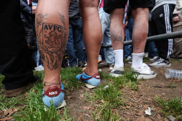 Aston Villa v Nottingham Forest 07 May 2026, Aston - UEFA EUROPA League - Semi Final - Second Leg - Aston Villa v Nottingham Forest - A fan with an Aston Villa tattoo on their leg - Photo: Charlotte Wilson Offside. Aston UK Copyright: xCharlottexWilsonx xOffsidexOffside