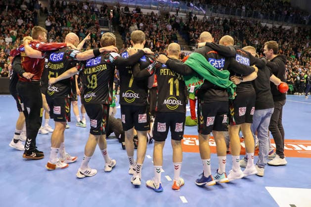 07.05.2026, xgox, Handball - EHF Champions League - 1 4 Finale SC Magdeburg - Pick Szeged v.l. Magdeburg Jubel ueber den Sieg, Jubel nach Spielende Magdeburg