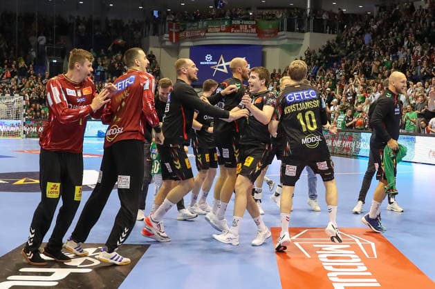 07.05.2026, xgox, Handball - EHF Champions League - 1 4 Finale SC Magdeburg - Pick Szeged v.l. Magdeburg Jubel ueber den Sieg, Jubel nach Spielende Magdeburg