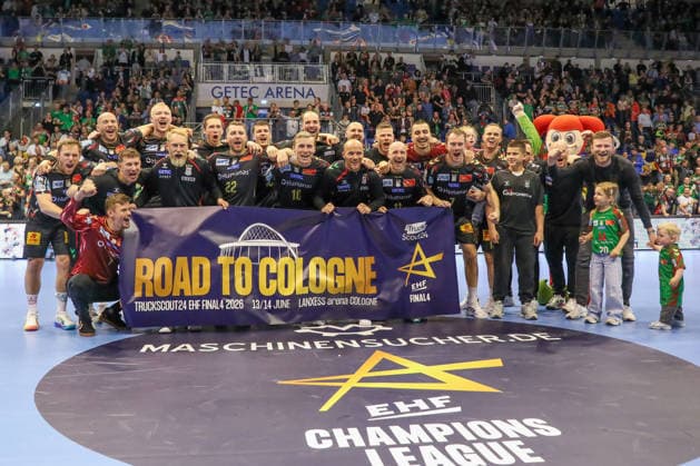 07.05.2026, xgox, Handball - EHF Champions League - 1 4 Finale SC Magdeburg - Pick Szeged v.l. Magdeburg Jubel ueber den Sieg, Jubel nach Spielende Magdeburg