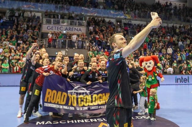 07.05.2026, xgox, Handball - EHF Champions League - 1 4 Finale SC Magdeburg - Pick Szeged v.l. Magdeburg Jubel ueber den Sieg, Jubel nach Spielende Magdeburg