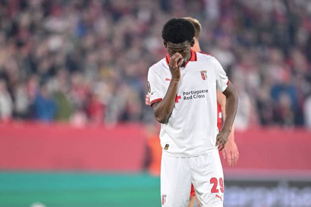 Jean-Baptiste Gorby (SC Braga) looks dejected during the UEFA Europa League 2025 26 Semi-Final Second Leg match between Club Freiburg and SC Braga at Stadion am Wolfswinkel on May 7, 2026 in Freiburg im Breisgau, Germany. (Photo by Harry Langer DeFodi Images) -