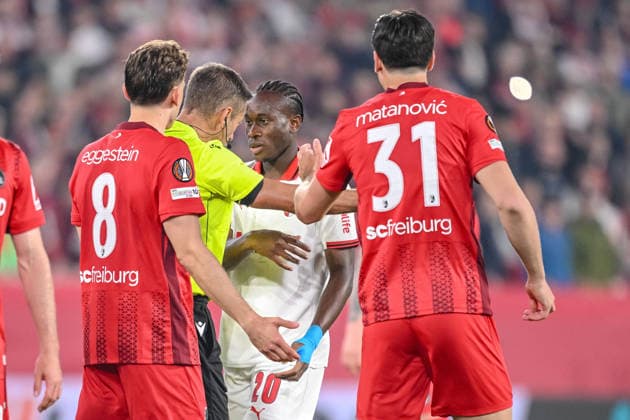 Mario Dorgeles (SC Braga) after the red Card during the UEFA Europa League 2025 26 Semi-Final Second Leg match between Club Freiburg and SC Braga at Stadion am Wolfswinkel on May 7, 2026 in Freiburg im Breisgau, Germany. (Photo by Harry Langer DeFodi Images) - *** Mario Dorgeles SC Braga after the red Card during the UEFA Europa League 2025 26 Semi Final Second Leg match between Sport Club Freiburg and SC Braga at Stadion am Wolfswinkel on May 7, 2026 in Freiburg im Breisgau, Germany Photo by Harry Langer DeFodi Images