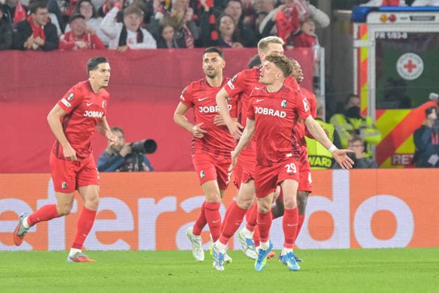 Jubel zum Tor zum 1:0 durch Lukas Kuebler (SC Freiburg, 17) GER, SC Freiburg - Sporting Braga, Fussball, Europa League, Halbfinale, Saison 2025 2026, 07.05.2026 GER, SC Freiburg - Sporting Braga, Fussball, Europa League, Halbfinale, Saison 2025 2026, 07.05.2026 Freiburg Copyright: xEibner-Pressefoto ThomasxHessx EP_THS