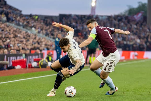 Aston Villa v Nottingham Forest, Europa League, Semi-Final Aston Villa midfielder John McGinn (7) battles for possession with Nottingham Forest defender Neco Williams (3) during the Europa League semi final second leg match between Aston Villa and Nottingham Forest at Villa Park, Birmingham, UK on 7 May 2026. Birmingham Villa Park West Midlands UK Editorial use only , Copyright: xManjitxNarotrax PSI-24205-0011