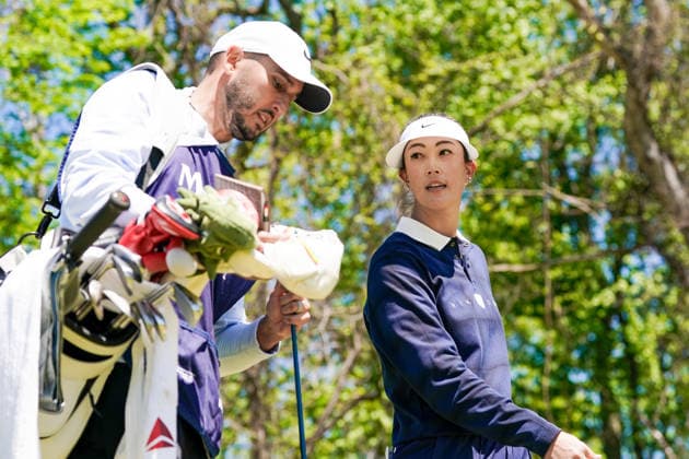 May 7, 2026, West Caldwell, New Jersey, USA: Michelle Wie West (USA)(R) and her caddie walk off the 18th tee during round 1 of the 2026 Mizuho Americas Open at Mountain Ridge Country Club. LPGA, Golf Damen 2026: Mizuho Americas Open - Round 1  - ZUMAw109 20260507_fap_w109_010 Copyright: xDebbyxWongx