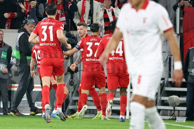 07.05.2026, xrekx, Fussball UEFA Europa League, SC Freiburg - Sporting Braga v.l. Torjubel nach dem Tor zum celebrating the goal celebrate 1:0 durch Lukas Kübler Kuebler (SC Freiburg) (DFL DFB REGULATIONS PROHIBIT ANY USE OF PHOTOGRAPHS as IMAGE SEQUENCES and or QUASI-VIDEO) Freiburg