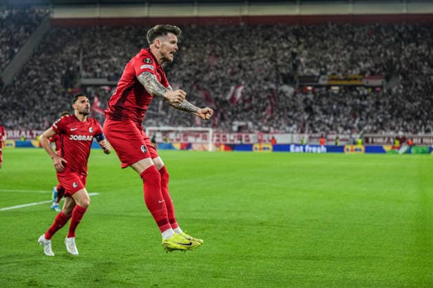 UEFA Europa League: SC Freiburg vs Sporting Braga, 07.04.2026 Torjubel zum 1:0 durch Lukas Kübler (SC Freiburg, 17) UEFA Europa League: SC Freiburg vs Sporting Braga, Europa-Park-Stadion, 07.04.2026 Copyright: xBEAUTIFULxSPORTS Boscox