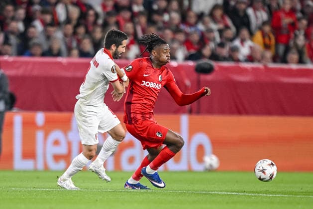 Joao Moutinho (SC Braga) and Johan Manzambi (SC Freiburg) battle for the ball during the UEFA Europa League 2025 26 Semi-Final Second Leg match between Club Freiburg and SC Braga at Stadion am Wolfswinkel on May 7, 2026 in Freiburg im Breisgau, Germany. (Photo by Harry Langer DeFodi Images) -