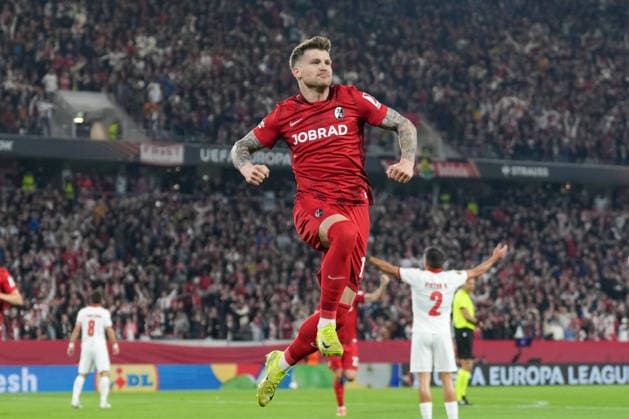 Lukas Kübler Lukas Kuebler (SC Freiburg, 17) Torjubel, Emotionen, Torschuss, Abschluss, Torerfolg, Tor, Treffer , Deutschland, Fussball, UEFA Europa League, Halbfinale, Rückspiel, 2025 2026, SC Freiburg vs. SC Braga, 07.05.2026, Europa-Park Stadion, Freiburg Freiburg Europa-Park Stadion Baden-Württemberg Deutschland Copyright: xArnexAmbergx