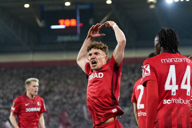 Philipp Treu (SC Freiburg, 29) Torjubel, Emotionen, Torschuss, Abschluss, Torerfolg, Tor, Treffer , Deutschland, Fussball, UEFA Europa League, Halbfinale, Rückspiel, 2025 2026, SC Freiburg vs. SC Braga, 07.05.2026, Europa-Park Stadion, Freiburg Freiburg Europa-Park Stadion Baden-Württemberg Deutschland Copyright: xArnexAmbergx