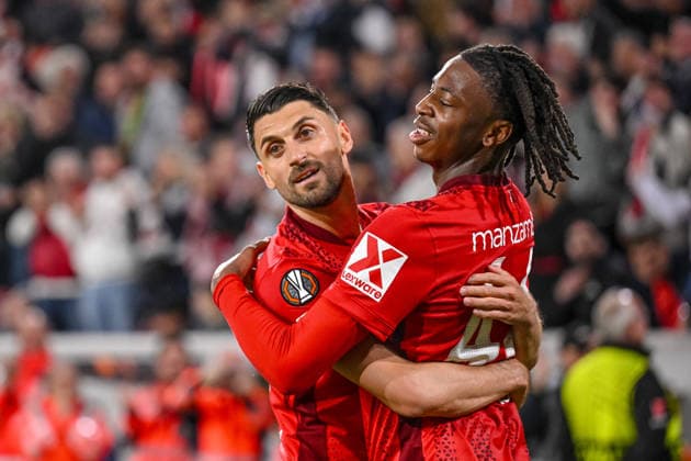 Johan Manzambi (SC Freiburg) celebrates after scoring his team s second goal with teammates during the UEFA Europa League 2025 26 Semi-Final Second Leg match between Club Freiburg and SC Braga at Stadion am Wolfswinkel on May 7, 2026 in Freiburg im Breisgau, Germany. (Photo by Harry Langer DeFodi Images) -