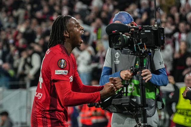 UEFA Europa League: SC Freiburg vs Sporting Braga, 07.04.2026 Torjubel zum 2:0 durch Johan Manzambi (SC Freiburg, 44) UEFA Europa League: SC Freiburg vs Sporting Braga, Europa-Park-Stadion, 07.04.2026 Copyright: xBEAUTIFULxSPORTS Boscox