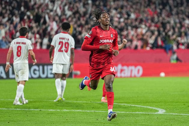 UEFA Europa League: SC Freiburg vs Sporting Braga, 07.04.2026 Torjubel zum 2:0 durch Johan Manzambi (SC Freiburg, 44) UEFA Europa League: SC Freiburg vs Sporting Braga, Europa-Park-Stadion, 07.04.2026 Copyright: xBEAUTIFULxSPORTS Boscox