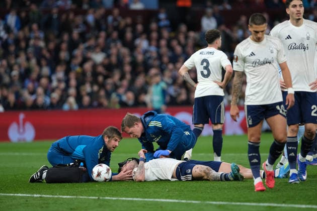 BIRMINGHAM, ENGLAND - MAY 07 : Morato of Nottingham Forest down injured during the UEFA Europa League Semi Final second leg football match between Aston Villa and Nottingham Forest at Villa Park on May 07, 2026 in Birmingham, England. Copyright: xPaulxBonserx xSportsxPressxPhotox Sportspressphoto_SPR142511