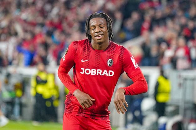 Deutschland: Fussball Europa League 2025 - 2026, Halbfinale - SC Freiburg vs Sporting Braga - Europa Park Stadion (Freiburg): Tor und Torjubel zum 2:0 durch Johan Manzambi (SC Freiburg, 44) Freude, Emotionen, Jubel, Freundentanz Copyright: xJOERANxSTEINSIEKx