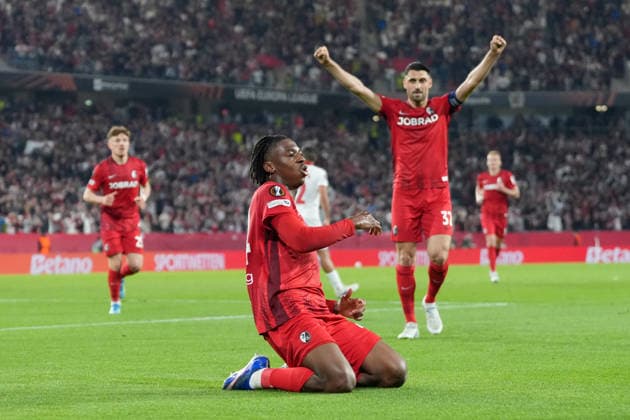 Johan Manzambi (SC Freiburg, 44) Torjubel, Emotionen, Torschuss, Abschluss, Torerfolg, Tor, Treffer , Deutschland, Fussball, UEFA Europa League, Halbfinale, Rückspiel, 2025 2026, SC Freiburg vs. SC Braga, 07.05.2026, Europa-Park Stadion, Freiburg Freiburg Europa-Park Stadion Baden-Württemberg Deutschland Copyright: xArnexAmbergx