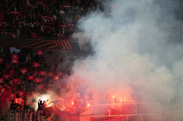 Braga fans (France) during Freiburg and Braga, UEFA Europa League Semi final, Europa-Park Stadion, Freiburg, Germany on May 7, 2026. Thor Wegner DeFodi Images. (Photo by DeFodi Images) -