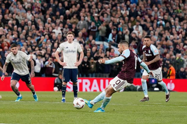 Birmingham, England, 7th May 2026. Emiliano Buendia of Aston Villa scores from the penalty spot during the Aston Villa vs Nottingham Forest UEFA Europa League semi final match 2nd leg match at Villa Park, Birmingham. Picture credit should read: Andrew Yates Sportimage EDITORIAL USE ONLY. No use with unauthorised audio, video, data, fixture lists, club league logos or live services. Online in-match use limited to 120 images, no video emulation. No use in betting, games or single club league player publications. SPI_068_AY_Villa_Forest SPI-4782-0068