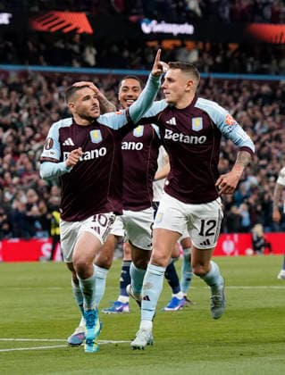 Birmingham, England, 7th May 2026. Emiliano Buendia of Aston Villa celebrates scoring their second goal during the Aston Villa vs Nottingham Forest UEFA Europa League semi final match 2nd leg match at Villa Park, Birmingham. Picture credit should read: Andrew Yates Sportimage EDITORIAL USE ONLY. No use with unauthorised audio, video, data, fixture lists, club league logos or live services. Online in-match use limited to 120 images, no video emulation. No use in betting, games or single club league player publications. SPI_076_AY_Villa_Forest SPI-4782-0076