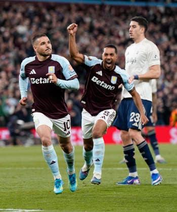 Birmingham, England, 7th May 2026. Emiliano Buendia of Aston Villa celebrates scoring their second goal during the Aston Villa vs Nottingham Forest UEFA Europa League semi final match 2nd leg match at Villa Park, Birmingham. Picture credit should read: Andrew Yates Sportimage EDITORIAL USE ONLY. No use with unauthorised audio, video, data, fixture lists, club league logos or live services. Online in-match use limited to 120 images, no video emulation. No use in betting, games or single club league player publications. SPI_077_AY_Villa_Forest SPI-4782-0077