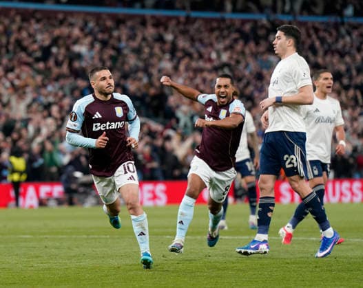 Birmingham, England, 7th May 2026. Emiliano Buendia of Aston Villa celebrates scoring their second goal during the Aston Villa vs Nottingham Forest UEFA Europa League semi final match 2nd leg match at Villa Park, Birmingham. Picture credit should read: Andrew Yates Sportimage EDITORIAL USE ONLY. No use with unauthorised audio, video, data, fixture lists, club league logos or live services. Online in-match use limited to 120 images, no video emulation. No use in betting, games or single club league player publications. SPI_078_AY_Villa_Forest SPI-4782-0078