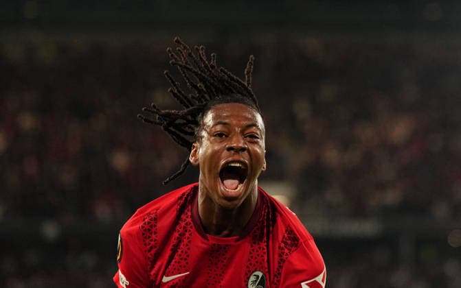 Johan Manzambi (SC Freiburg) celebrate during Freiburg and Braga, UEFA Europa League Semi final, Europa-Park Stadion, Freiburg, Germany on May 7, 2026. Thor Wegner DeFodi Images. (Photo by DeFodi Images) - *** Johan Manzambi SC Freiburg celebrate during Freiburg and Braga, UEFA Europa League Semi final, Europa Park Stadion, Freiburg, Germany on May 7, 2026 Thor Wegner DeFodi Images Photo by DeFodi Images
