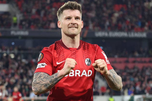 07.05.2026, xrekx, Fussball UEFA Europa League, SC Freiburg - Sporting Braga v.l. Torjubel nach dem Tor zum celebrating the goal celebrate 3:0 durch Lukas Kübler Kuebler (SC Freiburg) (DFL DFB REGULATIONS PROHIBIT ANY USE OF PHOTOGRAPHS as IMAGE SEQUENCES and or QUASI-VIDEO) Freiburg