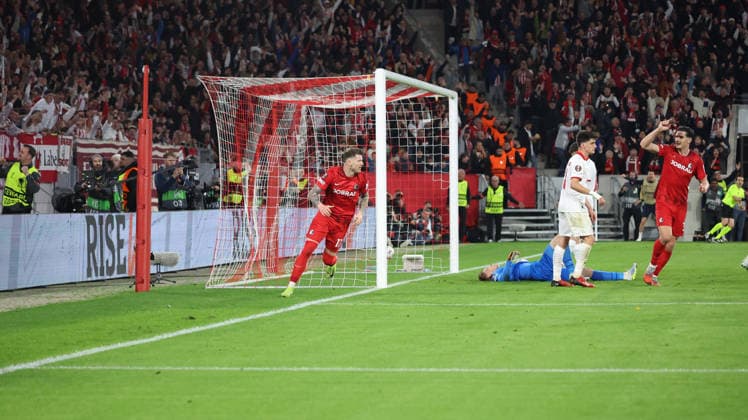 07.05.2026, xrekx, Fussball UEFA Europa League, SC Freiburg - Sporting Braga v.l. Torjubel nach dem Tor zum celebrating the goal celebrate 3:0 durch Lukas Kübler Kuebler (SC Freiburg) (DFL DFB REGULATIONS PROHIBIT ANY USE OF PHOTOGRAPHS as IMAGE SEQUENCES and or QUASI-VIDEO) Freiburg