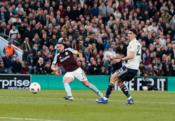 Birmingham, England, 7th May 2026. John McGinn of Aston Villa scores their third goal during the Aston Villa vs Nottingham Forest UEFA Europa League semi final match 2nd leg match at Villa Park, Birmingham. Picture credit should read: Andrew Yates Sportimage EDITORIAL USE ONLY. No use with unauthorised audio, video, data, fixture lists, club league logos or live services. Online in-match use limited to 120 images, no video emulation. No use in betting, games or single club league player publications. SPI_084_AY_Villa_Forest SPI-4782-0084