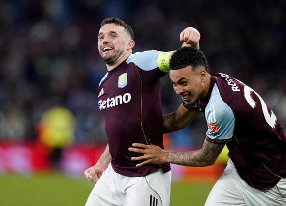 Birmingham, England, 7th May 2026. John McGinn of Aston Villa celebrates with Morgan Rogers of Aston Villa during the Aston Villa vs Nottingham Forest UEFA Europa League semi final match 2nd leg match at Villa Park, Birmingham. Picture credit should read: Andrew Yates Sportimage EDITORIAL USE ONLY. No use with unauthorised audio, video, data, fixture lists, club league logos or live services. Online in-match use limited to 120 images, no video emulation. No use in betting, games or single club league player publications. SPI_112_AY_Villa_Forest SPI-4782-0112