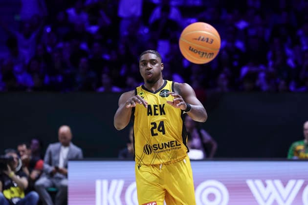 May 7, 2026, Badalona, Barcelona, Spain: Frank Bartley of AEK BC in action during the Final Four Basketball Champions League Semi Finals basketball match played between AEK BC and Unicaja at Palau Olimpic Badalona on May 07, 2026 in Badalona, Barcelona, Spain. Badalona Spain - ZUMAa181 20260507_zaa_a181_153 Copyright: xJavierxBorregox