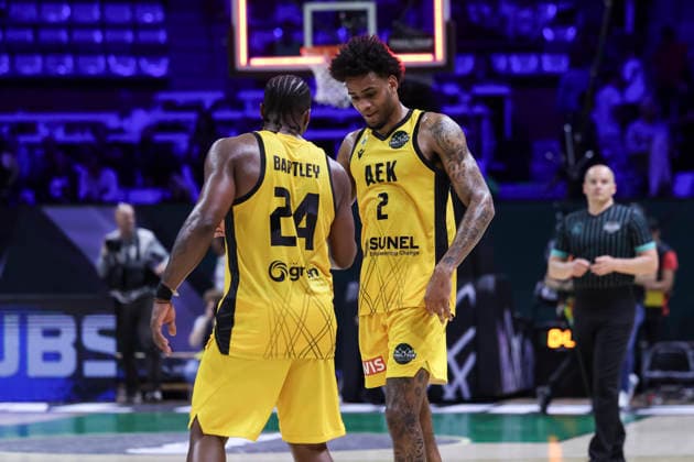 May 7, 2026, Badalona, Barcelona, Spain: Greg Brown III and Frank Bartley of AEK BC celebrates the victory during the Final Four Basketball Champions League Semi Finals basketball match played between AEK BC and Unicaja at Palau Olimpic Badalona on May 07, 2026 in Badalona, Barcelona, Spain. Badalona Spain - ZUMAa181 20260507_zaa_a181_163 Copyright: xJavierxBorregox