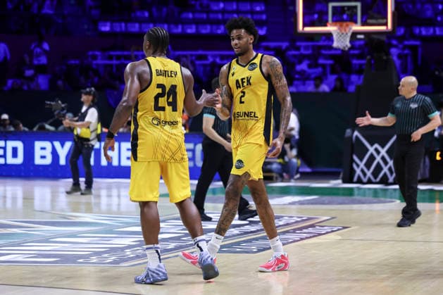 May 7, 2026, Badalona, Barcelona, Spain: Greg Brown III and Frank Bartley of AEK BC celebrates the victory during the Final Four Basketball Champions League Semi Finals basketball match played between AEK BC and Unicaja at Palau Olimpic Badalona on May 07, 2026 in Badalona, Barcelona, Spain. Badalona Spain - ZUMAa181 20260507_zaa_a181_164 Copyright: xJavierxBorregox