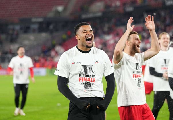 Noah Atubolu (SC Freiburg) celebrate during Freiburg and Braga, UEFA Europa League Semi final, Europa-Park Stadion, Freiburg, Germany on May 7, 2026. Thor Wegner DeFodi Images. (Photo by DeFodi Images) -