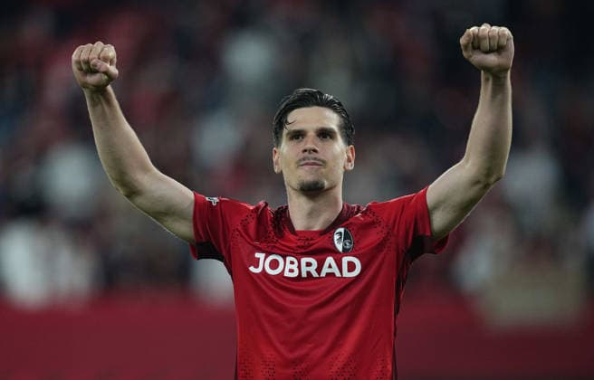 Igor Matanovic (SC Freiburg) celebrate during Freiburg and Braga, UEFA Europa League Semi final, Europa-Park Stadion, Freiburg, Germany on May 7, 2026. Thor Wegner DeFodi Images. (Photo by DeFodi Images) -