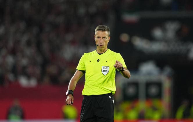 Davide Massa (Italy) looks on during Freiburg and Braga, UEFA Europa League Semi final, Europa-Park Stadion, Freiburg, Germany on May 7, 2026. Thor Wegner DeFodi Images. (Photo by DeFodi Images) -