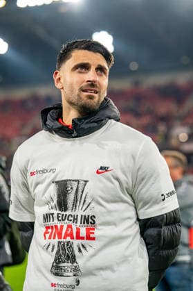 07.05.2026, xdaymx, Fussball UEFA Europa League, SC Freiburg - Sporting Braga, Vincenzo Grifo kann es nicht glauben, dass seine Mannschaft im Finale steht (DFL DFB REGULATIONS PROHIBIT ANY USE OF PHOTOGRAPHS as IMAGE SEQUENCES and or QUASI-VIDEO) Freiburg