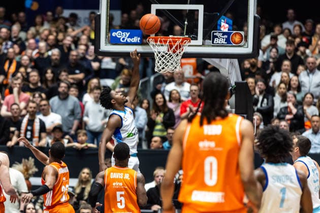 GER, easy-Credit Basketball-Bundesliga, Niners Chemnitz - Frankfurt Skyliners. 07.05.2026, Messe, Chemnitz, GER, easy-Credit Basketball-Bundesliga, Niners Chemnitz - Frankfurt Skyliners. Nahiem Alleyne (Frankfurt Skyliners 4) Foto Alexander Trienitz Chemnitz Messe Sachsen Deutschland