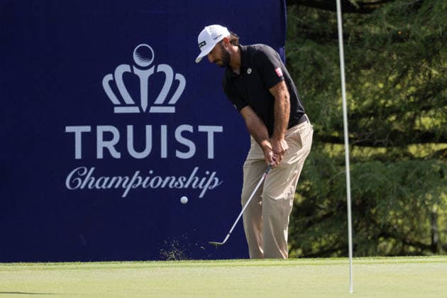 May 7, 2026: Max Homa chips on the seventh green during the first round of the 2026 Truist Championship at Quail Hollow Club in Charlotte, NC. ( CSM) Charlotte United States - ZUMAc04_ 20260507_zma_c04_035 Copyright: xScottxKinserx