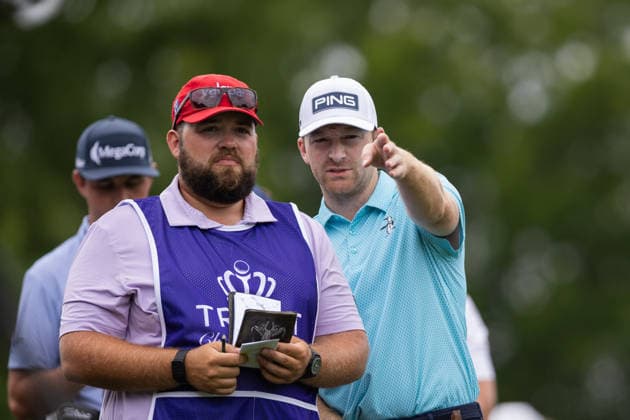 May 7, 2026: Brian Campbell talks with his caddy on the first tee during the first round of the 2026 Truist Championship at Quail Hollow Club in Charlotte, NC. ( CSM) Charlotte United States - ZUMAc04_ 20260507_zma_c04_051 Copyright: xScottxKinserx