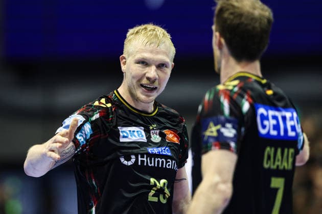 Magnus Saugstrup (SC Magdeburg,23) und Felix Claar (SC Magdeburg,7) - Viertelfinale Handball Machineseeker Champions League Saison 2025-2026 SC Magdeburg vs. SC Pick Szeged in der GETEC Arena in Magdeburg - Aktion,Handball,Deutschland,07.05.2026