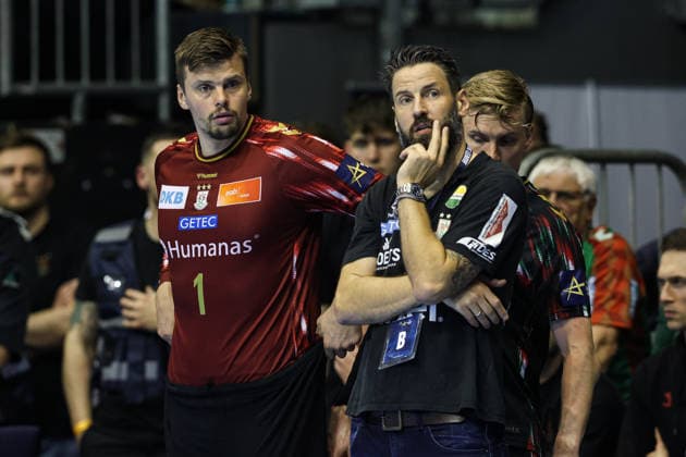 Trainer Bennet Wiegert und Torwart Sergey Hernandez Ferrer (SC Magdeburg,1) - Viertelfinale Handball Machineseeker Champions League Saison 2025-2026 SC Magdeburg vs. SC Pick Szeged in der GETEC Arena in Magdeburg - Handball,Deutschland,07.05.2026